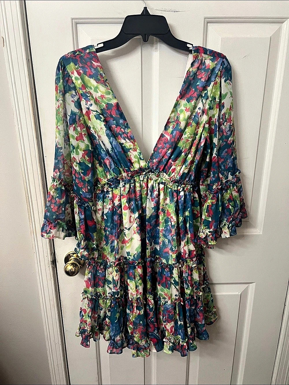 Blue Velvet Floral Mini Dress in Blue & Green Size Medium